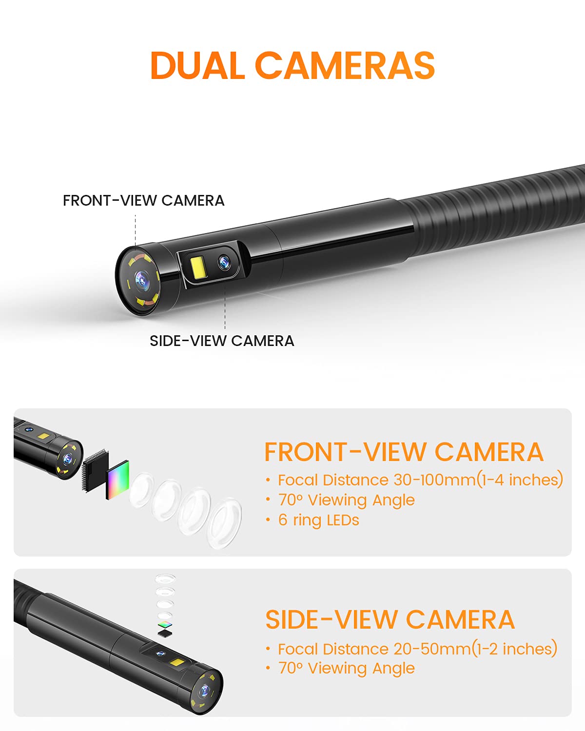 Teslong Dual Lens Inspection Camera with Light, Digital Industrial Borescope, Video Endoscope, Scope Camera, 5 IPS Screen, 16.4ft Flexible Probe, 1080p, Tool for Home, Pipe, Automotive (Waterproof)
