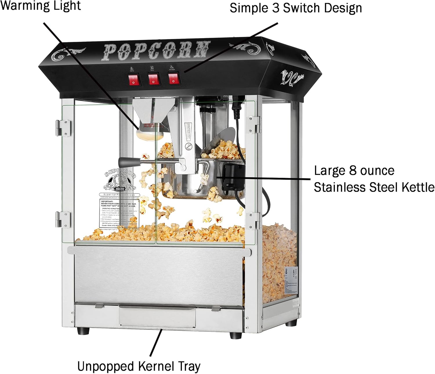Superior Popcorn Hot and Fresh Popcorn Machine - Black, 8 Ounces