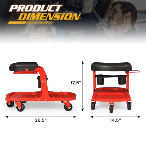 Magshion Garage Mechanic Creeper Seat with Tool Tray/Rack and Can Holder, Durable Mechanics Stool on Wheels 350 lbs Capacity Rolling Creeper Garage/Shop Seat, Black