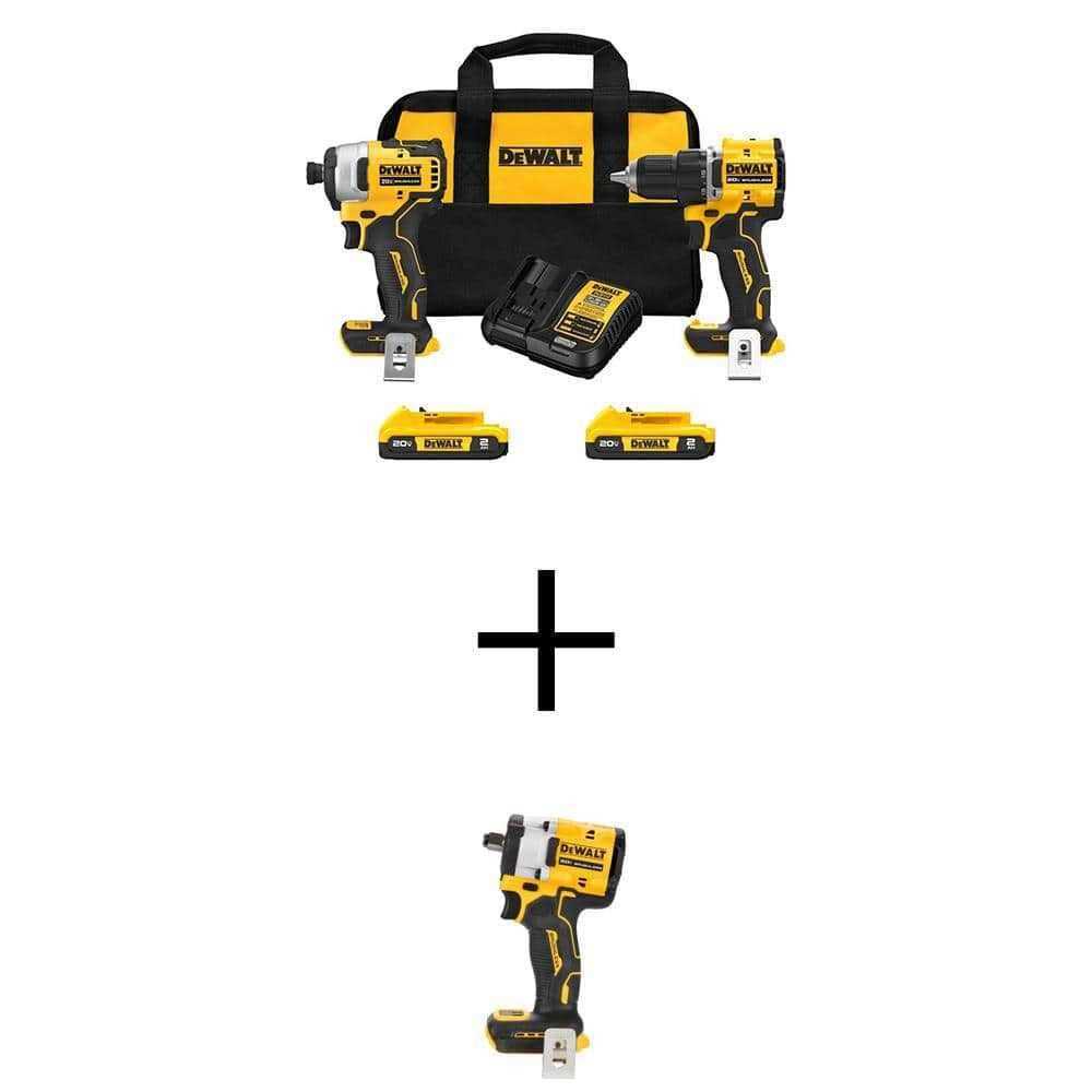 DEWALT ATOMIC 20V MAX Lithium-Ion Cordless Combo Kit and 1/2 in. Impact Wrench with 2Ah Batteries, Charger and Bag
