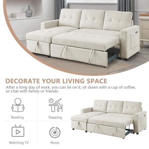 Reversible Sleeper Sectional Sofa, Chenille Fabric Convertible Pull Out Sleeper Sofa Bed with USB Ports, L-shaped Sectional Couch with Storage Chaise for Apartment Living Room, Light Gray
