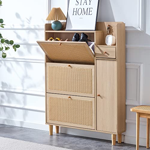 Olela Organizer Shoe Cabinet Storage with Rattan Doors & Adjustable Shelves, Modern Hidden Shoe Rack with 3 Flip Drawers & 2 Small/Large Shelves for Entryway, Front Door Entrance