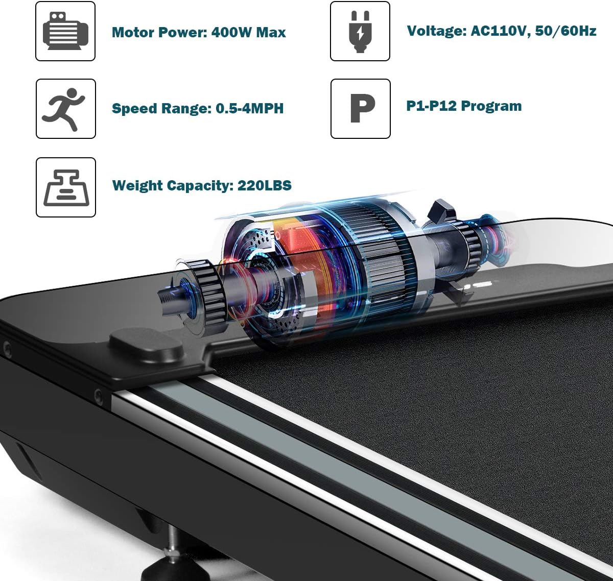 Goplus Under Desk Treadmill, Superfit Electric Treadmill Walking Pad with Touchable LED Display and Wireless Remote Control, Built-in 3 Workout Modes and 12 Programs, Running Jogging for Home Office