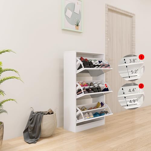 White Shoe Cabinet, Shoe Organizer Cabinet with Hanger, Slim Hidden Shoe Rack Cabinet, Freestanding Shoe Storage Cabinet with 3 Flip Drawers & 2 Sliding Drawers for Entryway, Hallway