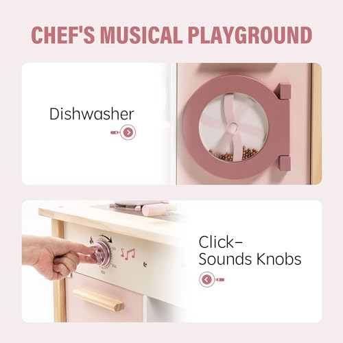 ROBUD Play Kitchen Set, Wooden Play Kitchen with Ice Maker, Fridge, Coffee Machine, Oven, Dishwasher, Microwave, Kitchen Accessories, Toy Kitchen Gift for Boys Girls, 3+
