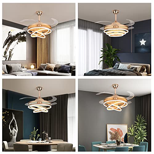 42" Invisible Ceiling Fan Chandelier Light,Modern DIY Ceiling Fan Light Remote Control 4 Retractable ABS Blades for Bedroom Living Dining Room Decoration (42", Gold)