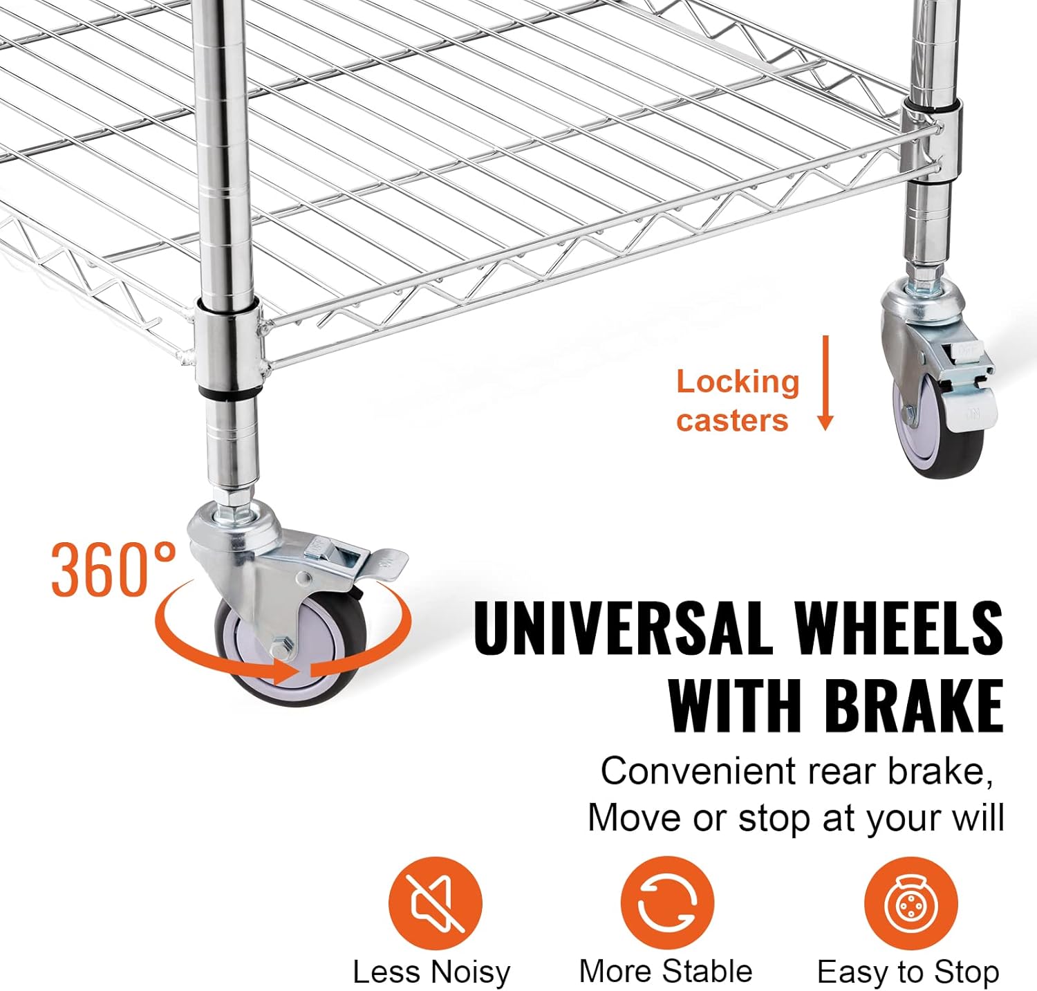 VEVOR Kitchen Utility Cart, 20"x24"x36.6" 3 Tiers Wire Rolling Cart, 470LBS Capacity Steel Service Cart with Brake Wheels, Storage Trolley with 76mm Basket PP Liner 6 Hooks, for Indoor & Outdoor Use