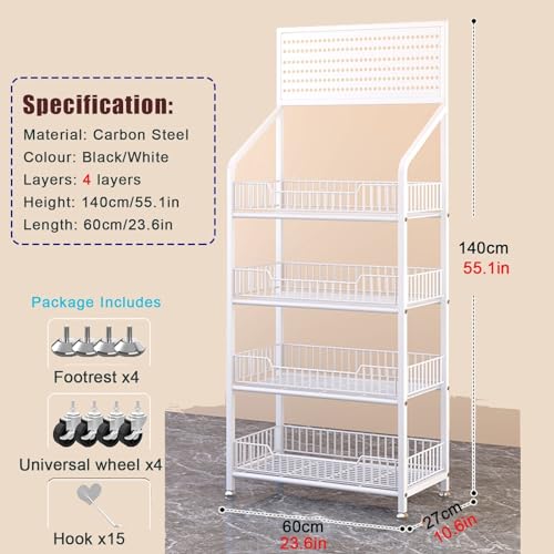 Supermarket Display Shelf 4 Layer Snack Shelf Organizer, Rolling Fruit Vegetable Display Rack for Supermarket with Wheels and Hooks, for Kitchen Retail Grocery Stores and Farmers Markets, White Black