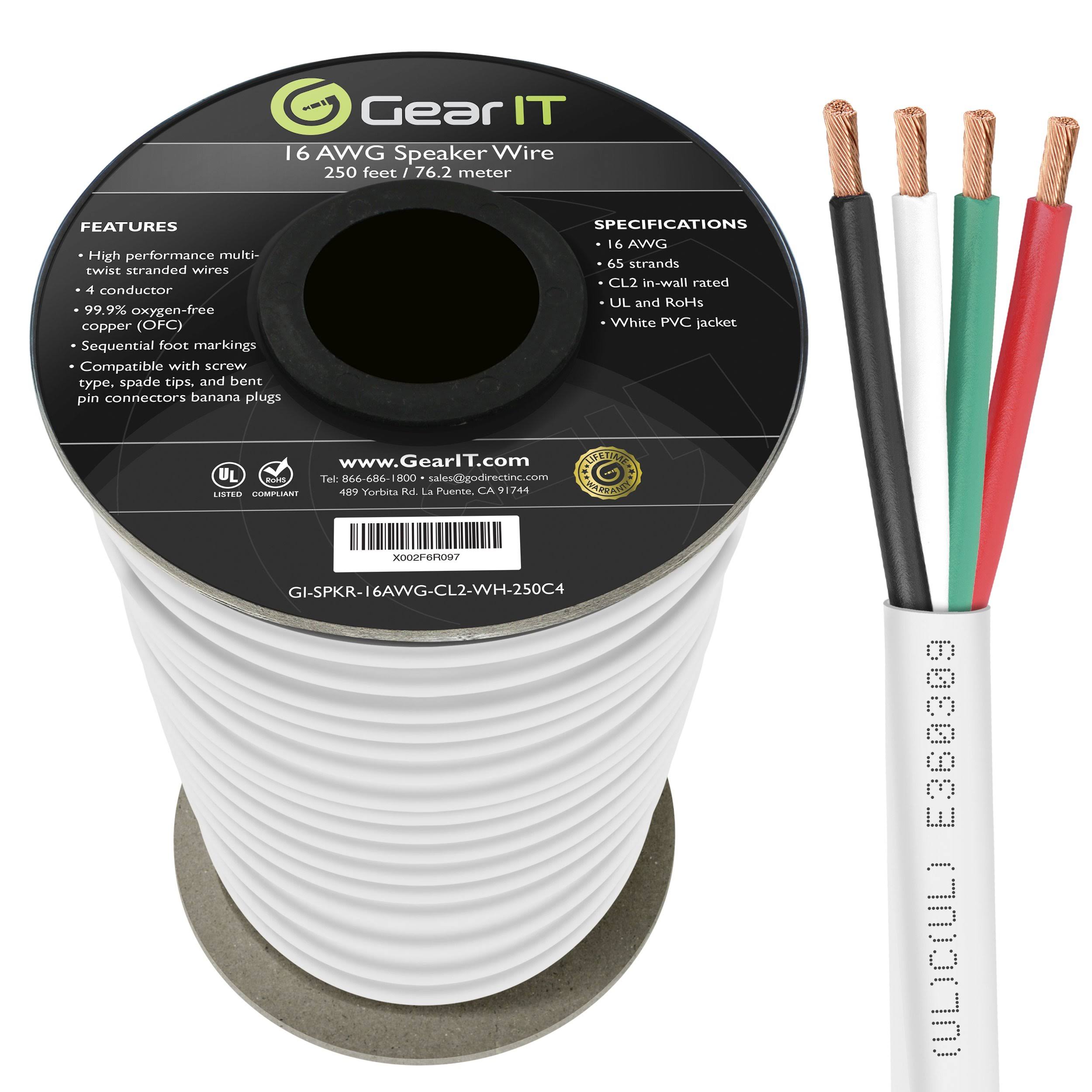 Gearit Pro Series 16 Gauge 4-Conductor Speaker Wire (250 Feet / 76 Meters) 16 AWG OFC (99.9% Oxygen Free Copper) Speaker Wire CL
