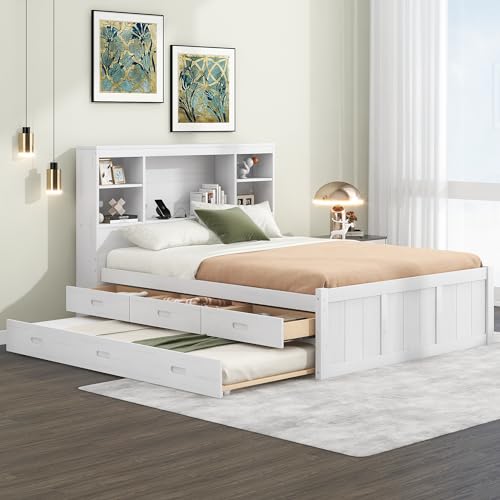Full Size Platform Bed Bookcase Captain Bed with 6 Drawers and Bed End Storage Case, Wood Captain Platform Bed Frame with Storage Headboard, Sturdy Slat Support (Grey-4)