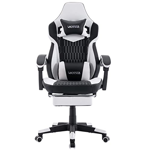 Gaming Chair with Footrest, High Back Gaming Chairs PVC Leather Ergonomic Office Gamer Chair Headrest Lumbar Support Racing Style Video Gaming Chair (Black White)