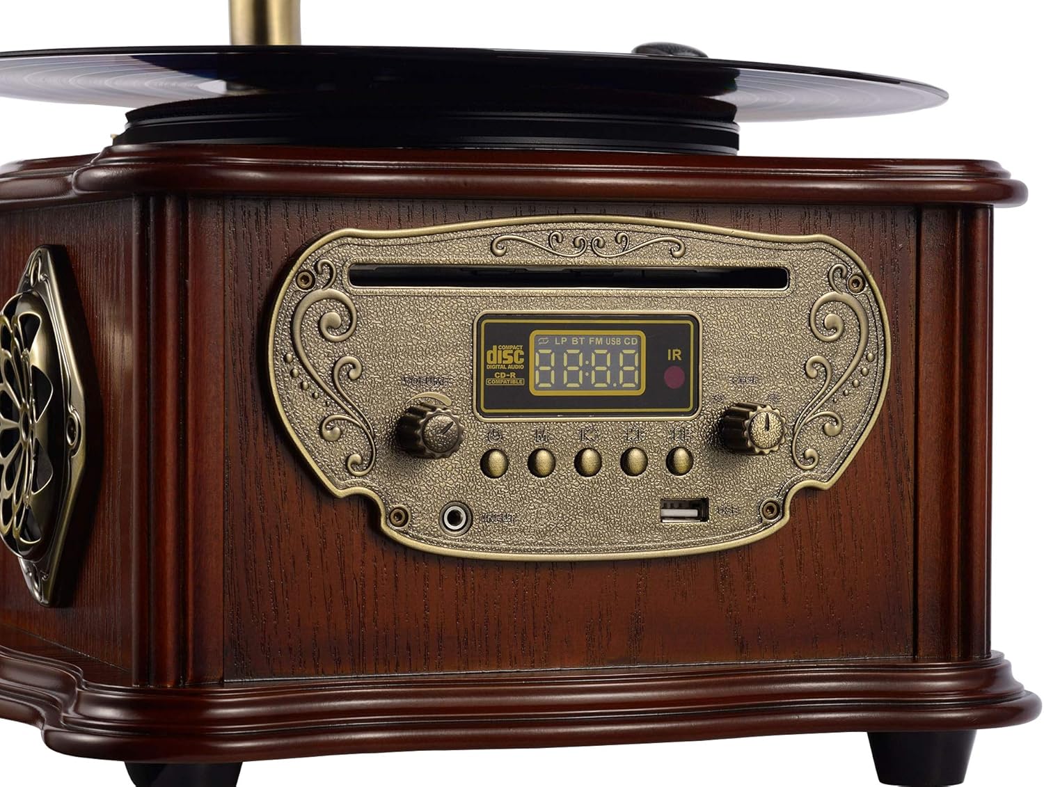 Wooden Phonograph Gramophone Turntable Vinyl Record Player Speakers Stereo System Control 33/45 RPM CD FM AUX USB Ouput Bluetooth 4.2