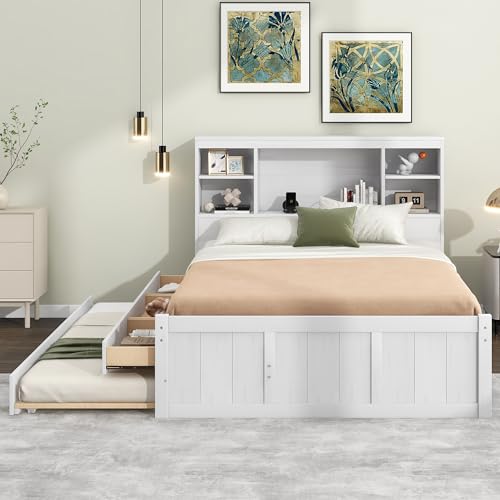 Full Size Platform Bed Bookcase Captain Bed with 6 Drawers and Bed End Storage Case, Wood Captain Platform Bed Frame with Storage Headboard, Sturdy Slat Support (Grey-4)