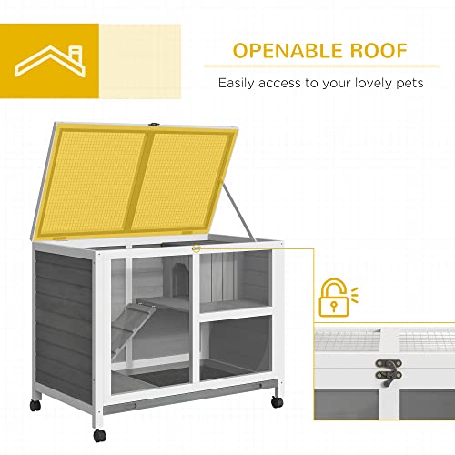 PawHut Indoor Rabbit Hutch with Wheels, Desk and Side Table Sized, Wood Rabbit Cage, Waterproof Small Rabbit Cage, Natural