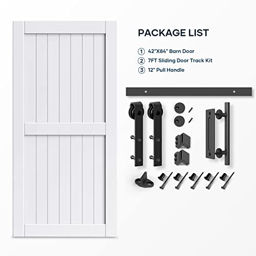 EaseLife 54 x 84 inch White Barn Door with 9FT Sliding Door Hardware Kit Included & Handle,Solid Wood Covered with Waterproof PVC Surface,DIY Assemblely,Easy Install,H-Frame,Fit 50-52in Wide Opening