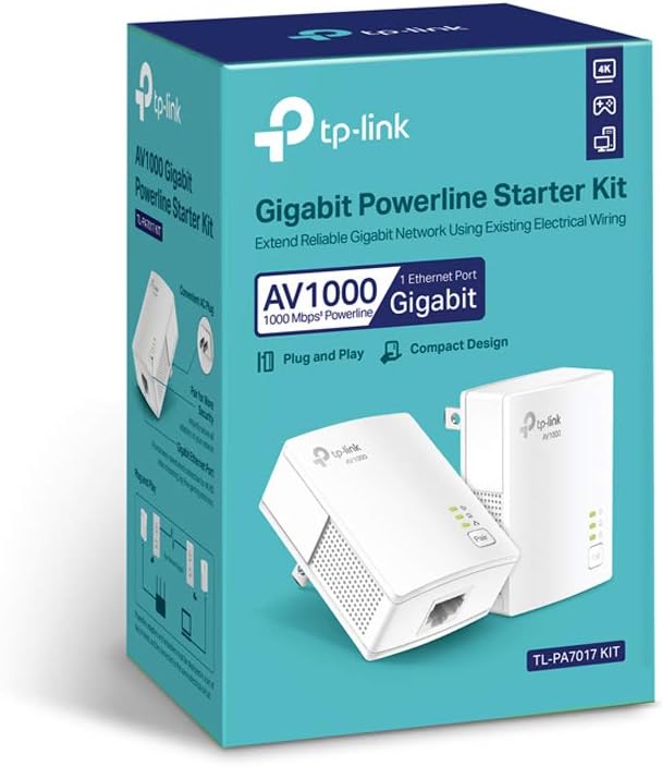 TP-Link Powerline Ethernet Adapter Starter Kit - AV1000 Gigabit Port, Plug&Play, Ethernet Over Power, Nano Size, Ideal for Smart TV, Online Gaming, Wired Connection Only (TL-PA7017 KIT) Pack of 2