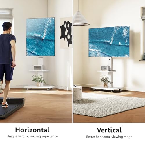 FITUEYES Rolling TV Stand - Portable Mobile TV Cart on Wheels for 32 to 75" TVs, Landscape to Portrait Rotating and 40°Swivel, Height Adjustable TV Cart Rolling TV Stand with 1 Shelf Hold Up to 88 Lbs