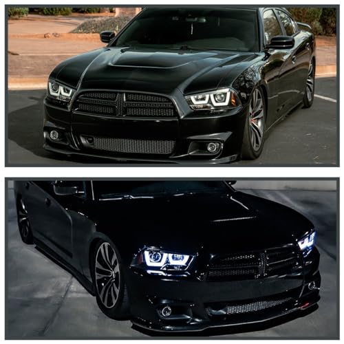 SPEC-D TUNING Chrome LED Dual Halo Projector Headlights Compatible with 2011-2014 Dodge Charger, Left + Right Pair Headlamps Assembly