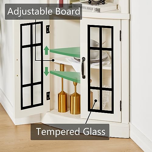 AMERLIFE Curved Corner Storage Cabinet, 65" Tall Freestanding Bookcase with Glass Doors & Adjustable Shelves, 5-Tier Corner Display Cabinet for Living Room, Bathroom, Laundry Room, Washed Grey