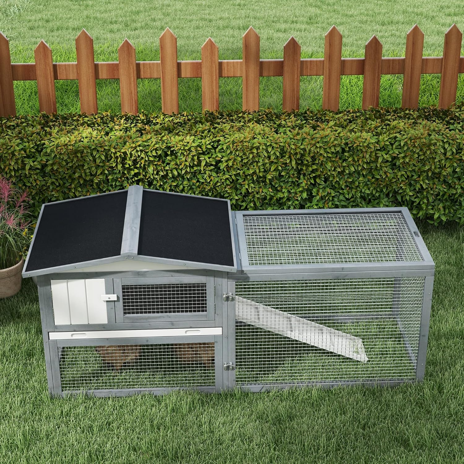 Large Rabbit Hutch Outdoor, 2-Tier 61" L Rabbit Cage with Run Feeding Trough Wooden Guinea Pig Hutch with Removable Tray, Ramp, Asphalt Roof, for 1-2 Rabbits, White