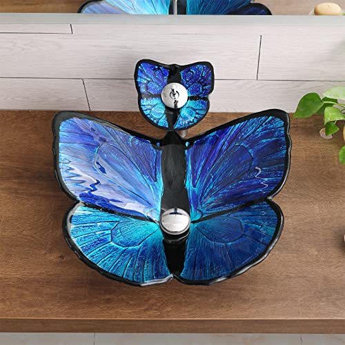 Bathroom Vessel Sink, Tempered Glass Vessel Butterfly Sink Artistic Top Mount Installation Bathroom Sinks with Pop Up Drain Waterfall Faucet,Blue