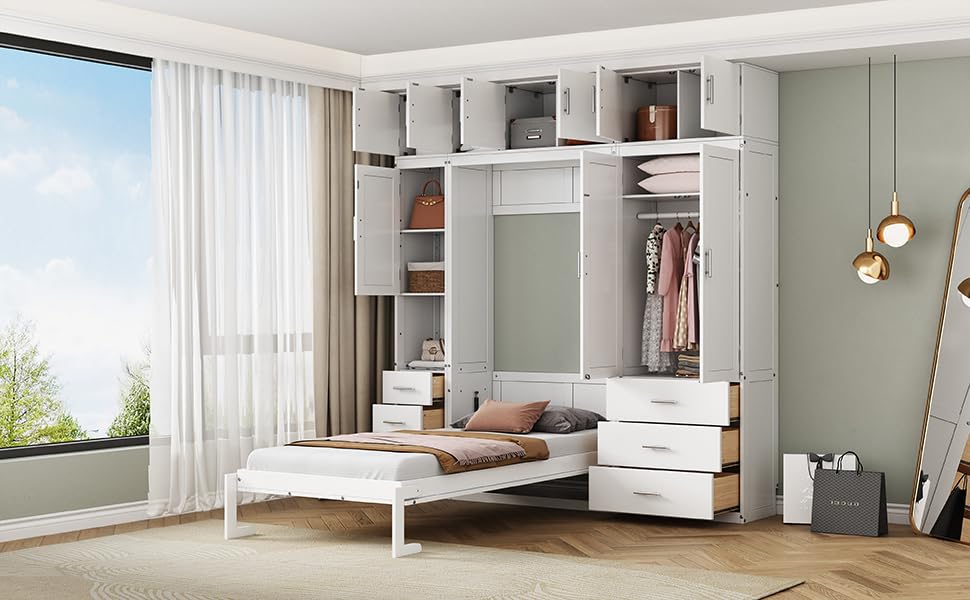 Harper & Bright Designs Twin Size Murphy Bed Frame for Boys Girls Kids Adults Toddler with Lockers and Wardrobes, with installation video, White
