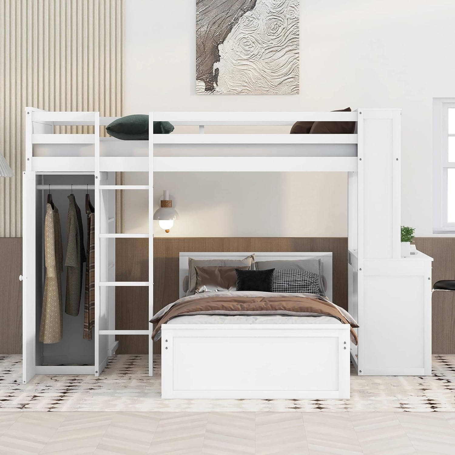 Twin Wooden Bunk Loft Bed with Shelves Desk and Wardrobe for Kids Teens Adults, White