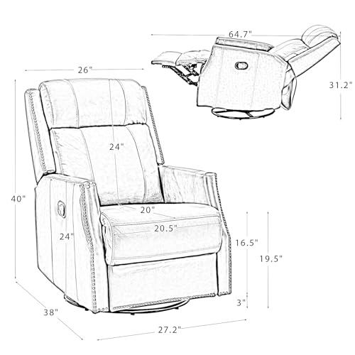 Genuine Leather Recliner - Manual Recliner Chair with 360 Degrees Swivel and Reclining Function, Wingback Recliner Chair with Nailhead Trims, Swivel Recliner Chairs for Living Room (Red)