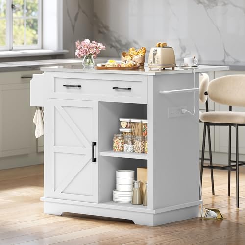 YITAHOME Kitchen Island with Stainless Steel Top & Drop Leaf, 47 Inch Kitchen Island on Wheels with Power Outlet, Rolling Portable Mobile Kitchen Cart w Storage Drawer Cabinet Counter Metal Top, White
