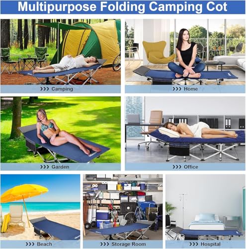Nictemaw Folding Camping Cot, 900 LBS Heavy Duty Sleeping Cot Portable Camping Cots for Adults Double Layer Oxford with Carry Bag for Home, Office Nap, and Outdoor Beach, Blue