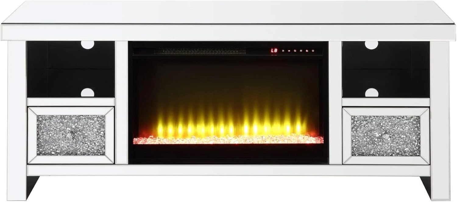 Acme Noralie Glass Fireplace TV Stand for TVs Upto 60" in Mirrored/Faux Diamonds