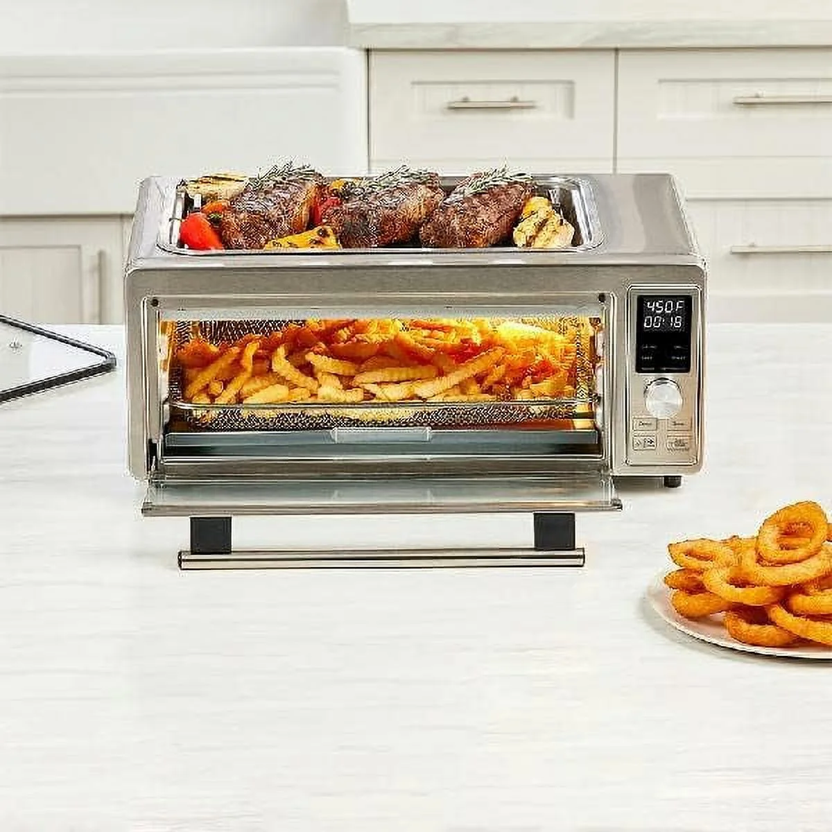Emeril Power Grill 360, 6-In-1 Countertop Convection Toaster Oven With Top Indoor Grill, Air Fry, Roast, Toast, Bake, Dehydrate, Glass Lid, Stainless Steel