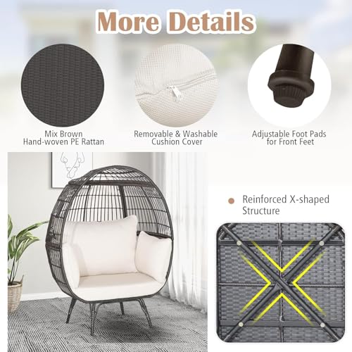 Oversized Egg Chair, Wicker Patio Basket Circle Lounge Chair w/Metal Stand & 4 Thick Cushions, PE Rattan Egg Lounger Outdoor Indoor for Backyard, Balcony, Living Room (Light Brown)