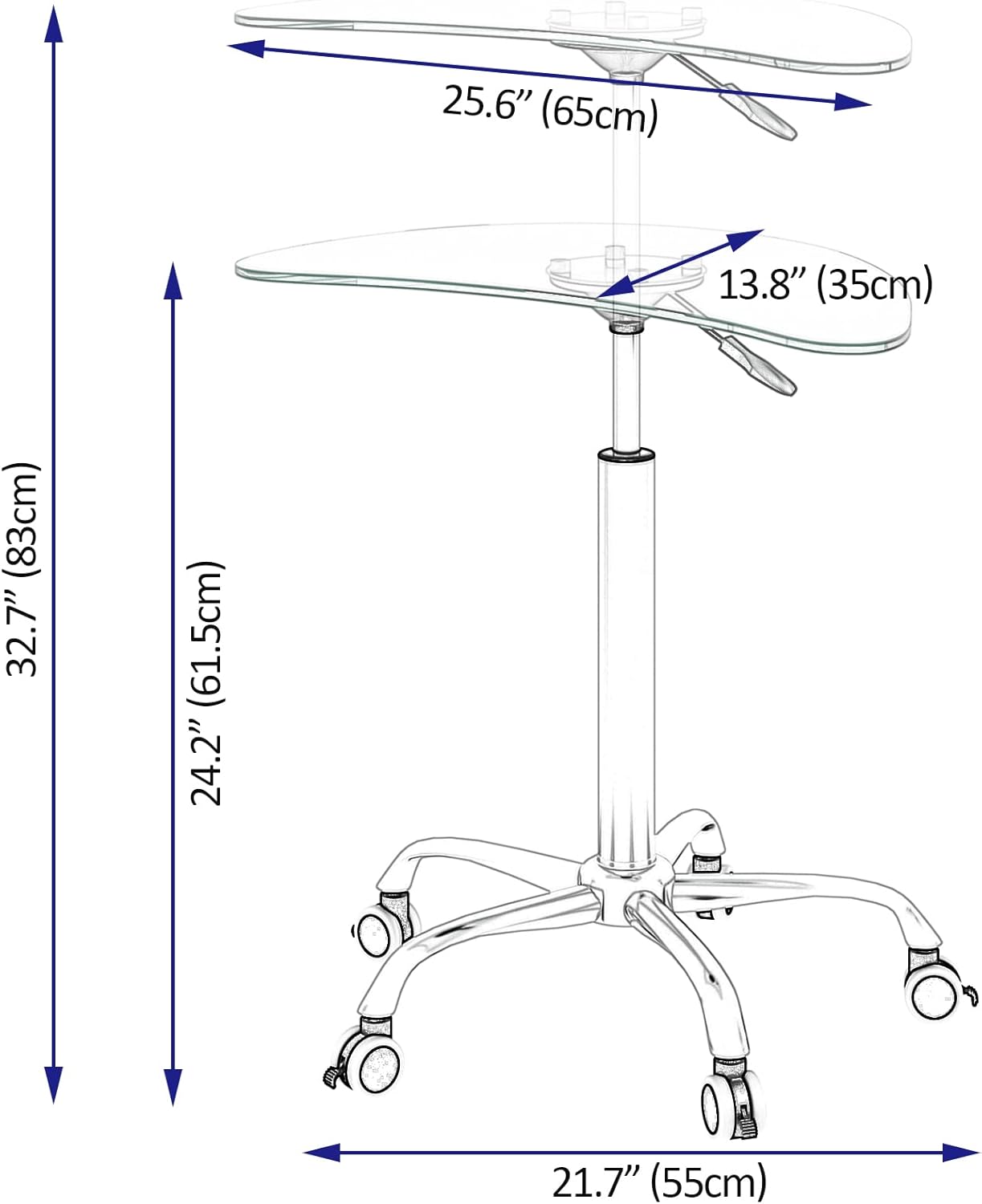 Adjustable Height Transparent Tempered Glass Table Desk Table with Lockable Wheels(Adjustable Range 24.2 "~32.7 ")