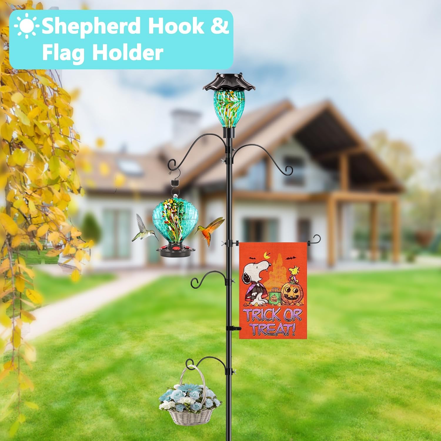 LUJII Solar Shepherds Hooks with Hand Blown Glass Hummingbird Feeder, Adjustable 4 Arms and 1 Flag Holder, Heavy Duty Garden Stand&Teal Hummingbird Feeder for Outdoor Decor, Lanterns