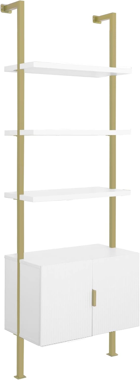Nathan James Theo Mid-Century Modern Bookcase with Cabinet Fluted Texture, White Open Shelves and Brass Metal Frame Living Room, Home Office Storage, Set of 2