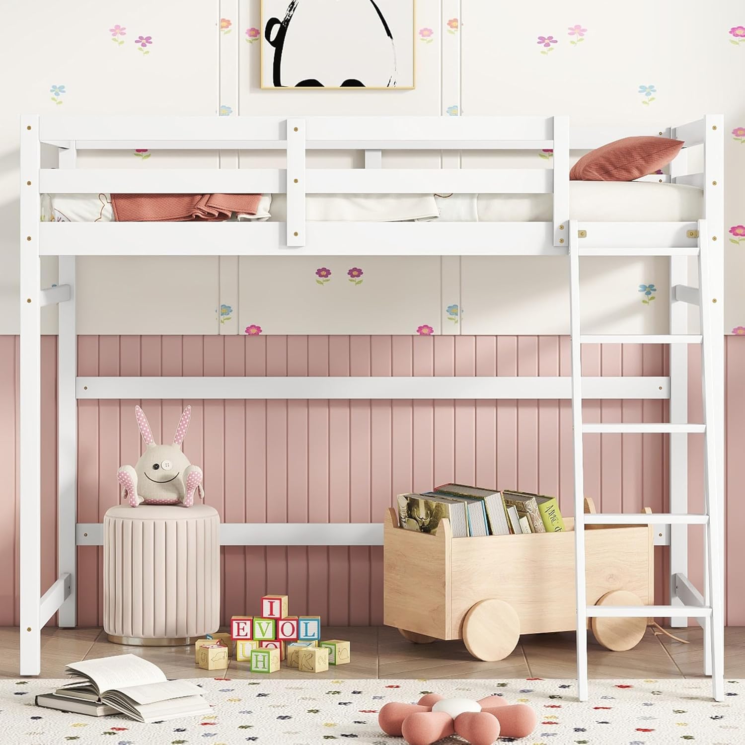 Twin Size High Loft Bed with Ladder Safety Guardrail,Wooden Loft Bed Frame for Kids/Teens,Space-Saving Design for Boys/Girls Bedroom,Easy Assemble,No Box Spring Needed,White