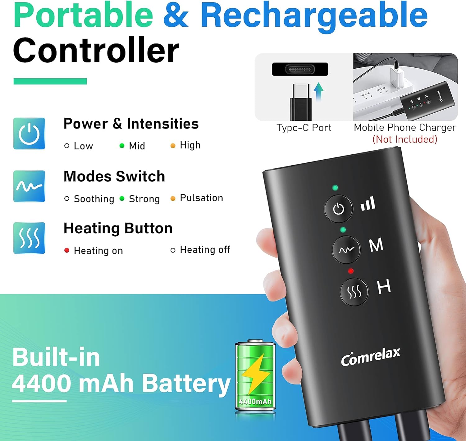 Rechargeable Leg-Massager for Circulation with Heat, Portable & Cordless Air Compression Leg Massager for Muscles Relaxation, Massage Calf & Thigh, Handheld Controller with 3 Modes 3 Intensities