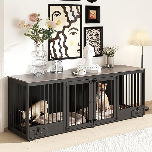 Furniture Style Large Dog Crate for 2 Dogs, 86.6" Heavy Duty Wooden Dog Kennel with Dog Bowl Drawers & Divider, Indoor Furniture Style Dog Kennel for Large Medium Dogs, Black