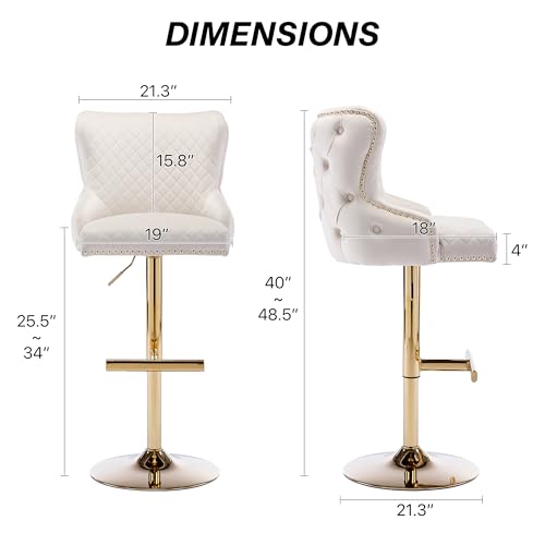 Velvet Barstools Set of 2, Counter Height Adjustable Swivel Barchairs with Golden Lion Head Ring, Thicken Padded Tufted Backrest Chrome Nailhead Trim Bar Stools for Kitchen(Beige)
