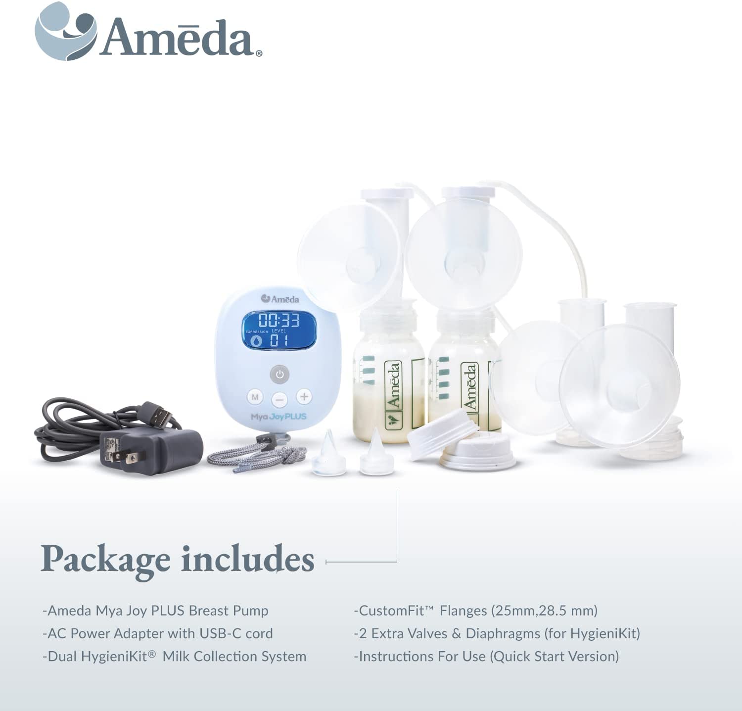Ameda MYA Joy Plus Double Electric Rechargeable Breast Pump, Hospital Performance Breast Pump, Portable Breastpump, Quiet Breast Pump, White Pump & Accessories