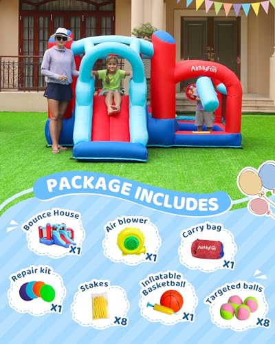 Bounce House, Bouncy House with Slide, Indoor Outdoor Inflatable Bounce House for Kids, Bounce Castle with Jumping House, Ball Pit, Basketball Hoop and Target Balls