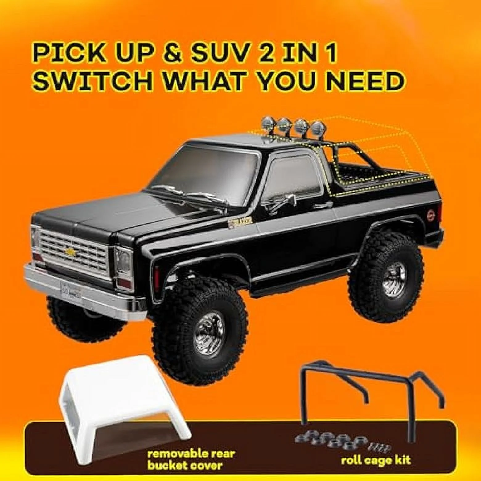 FMS 1/10 RC Crawler FCX10 Chevy K5 Blazer Officially Licensed, RC Pick Up Truck & SUV, 2.4GHZ 11CH Remote Control Car with Two-Speed Transmission, Front and Rear Differentials, Without Battery, Black