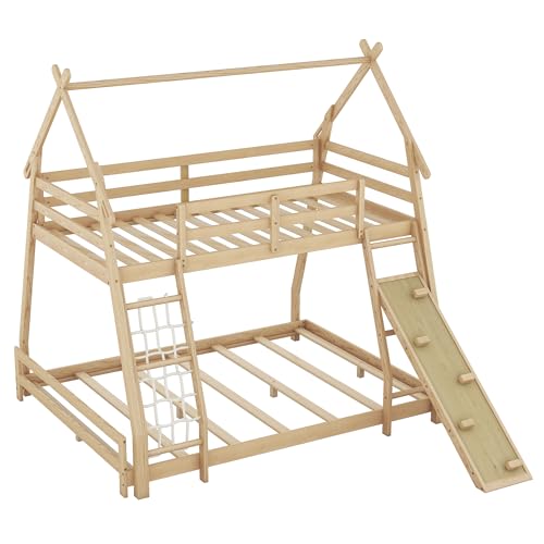 Twin House Loft Bed with Removable Storage Shelves, Wooden House Roof Frame with Under Bed Shelving Storage Unit, Guardrails and Ladder, 82" H House Loft Bed Frame for Kids Teens (Gray * 139)