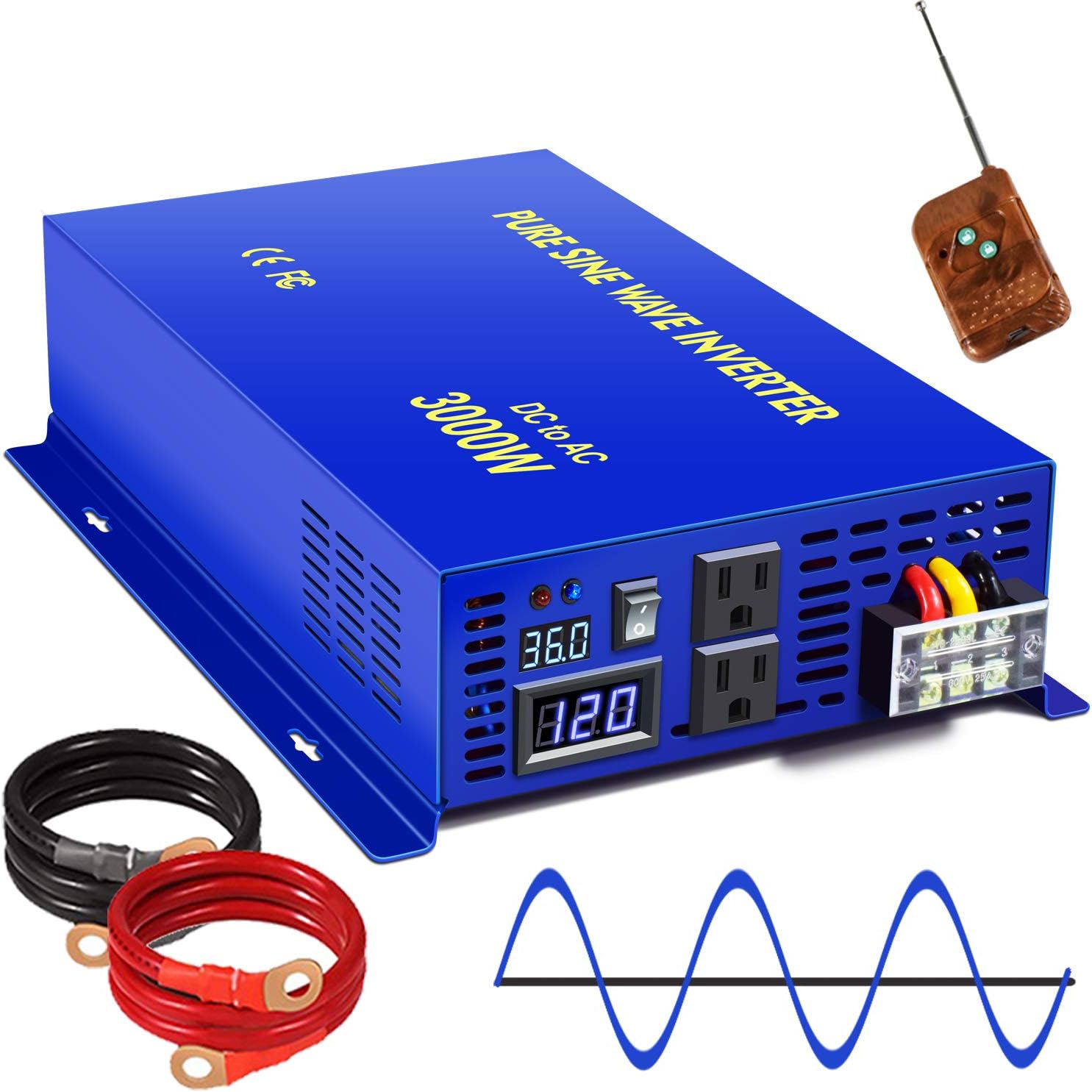 XYZ INVT 2500W Pure Sine Wave Inverter 24v to 110V 120V AC with Wireless Remote Switch, 5000 watt Surge, Power Inverter for Truck, RV Car Camping, Solar System, Grid Off.