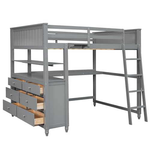 Gray Twin Loft Bed with Storage Cabinet and Desk, Wooden Loft Beds Frame with Bookcase and Shelves, Modern Twin size Loft Bunk Bed for Kids Teens Adults Boys & Girls (Twin, Gray)