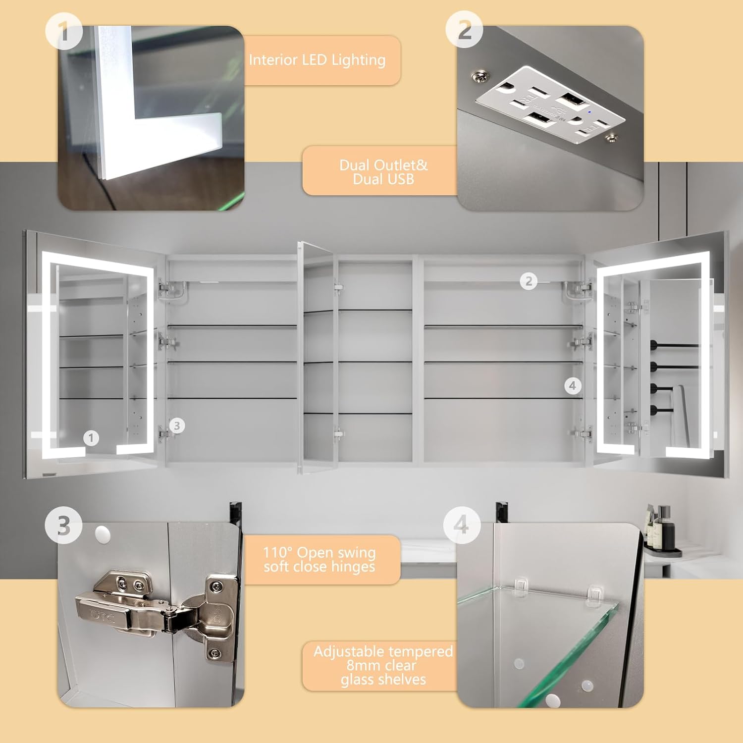 ExBrite LED Lighted Bathroom Medicine Cabinet with Mirror, 60 x 30 Inch, led Medicine Cabinet with Extra Closed Storage Cabinet,Defog, Stepless Dimming,Color Temper Change, 2 Outlets,Storage Shelves