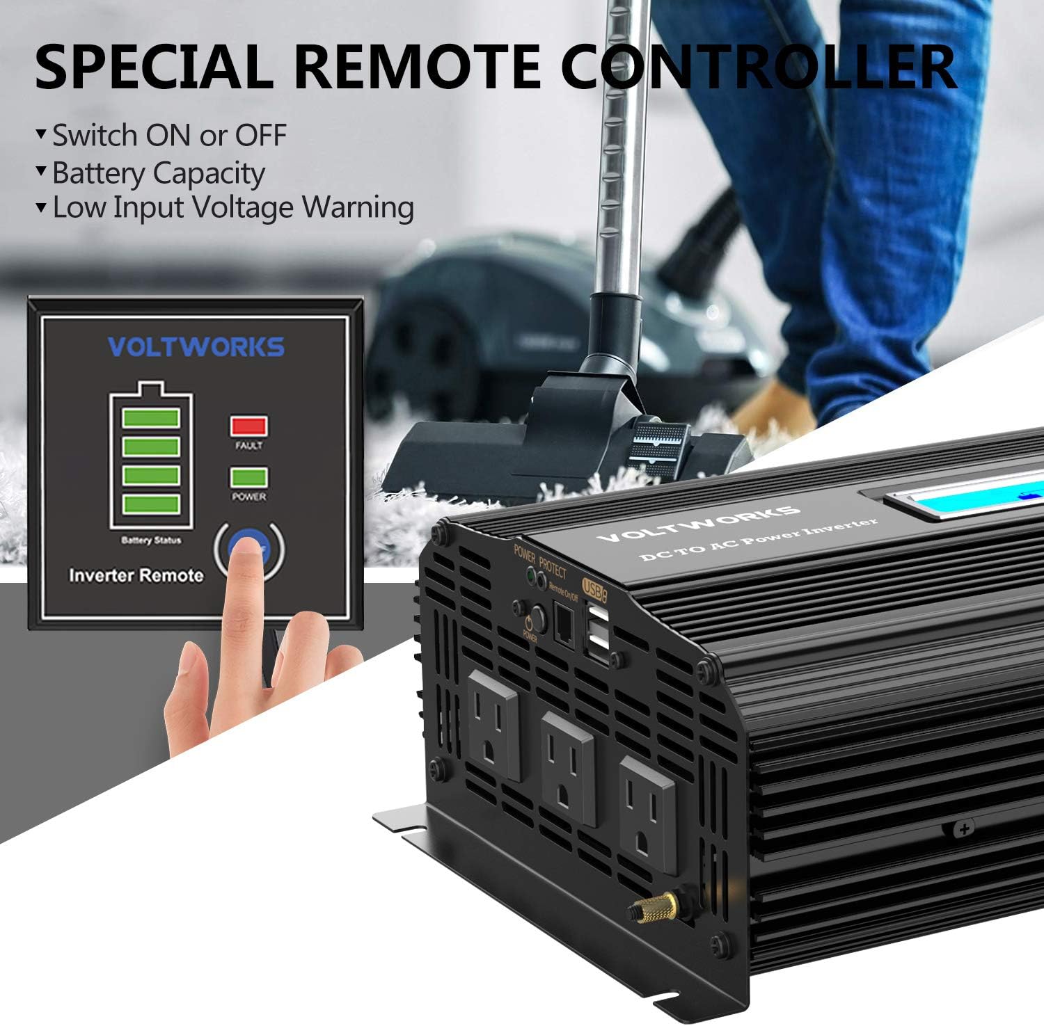 Power Inverter 2000w DC 12V to AC 120V Modified Sine Wave Inverter 2000 watt with LCD Display Remote Control and 3AC Outlets Dual 2.4A USB Ports for Car RV Truck Boat[3 Years Warranty] by VOLTWORKS