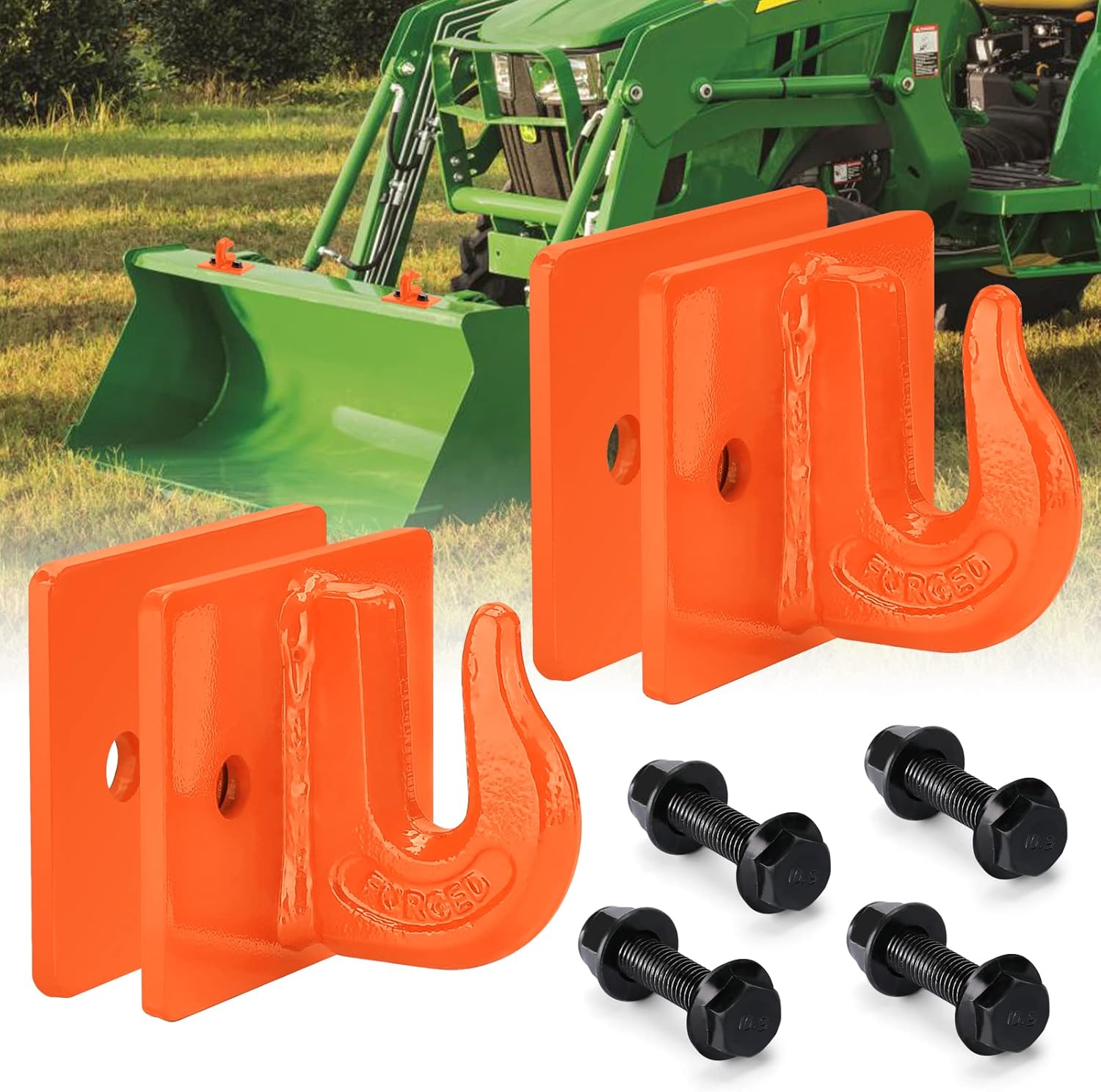 AUTOBOTS 3/8" Tractor Bucket Grab Hook (2 Pack), 15,000lbs Break Strength Grab Hooks with Grade 70 Forged Steel Bolt Compatible for John-Deere Truck UTV ATV Tractor Bucket(Orange) Pack of 2