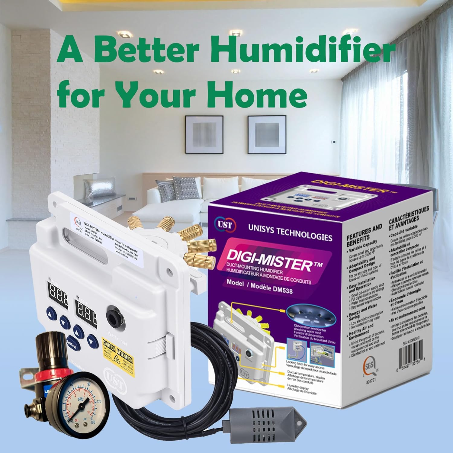 Evaporative Duct Mount Whole House Furnace Humidifier with 8 UV-C LEDs, Atomizing Cool Mist Variable Capacities for Homes and Offices from 1000 to 3500 sq. ft.